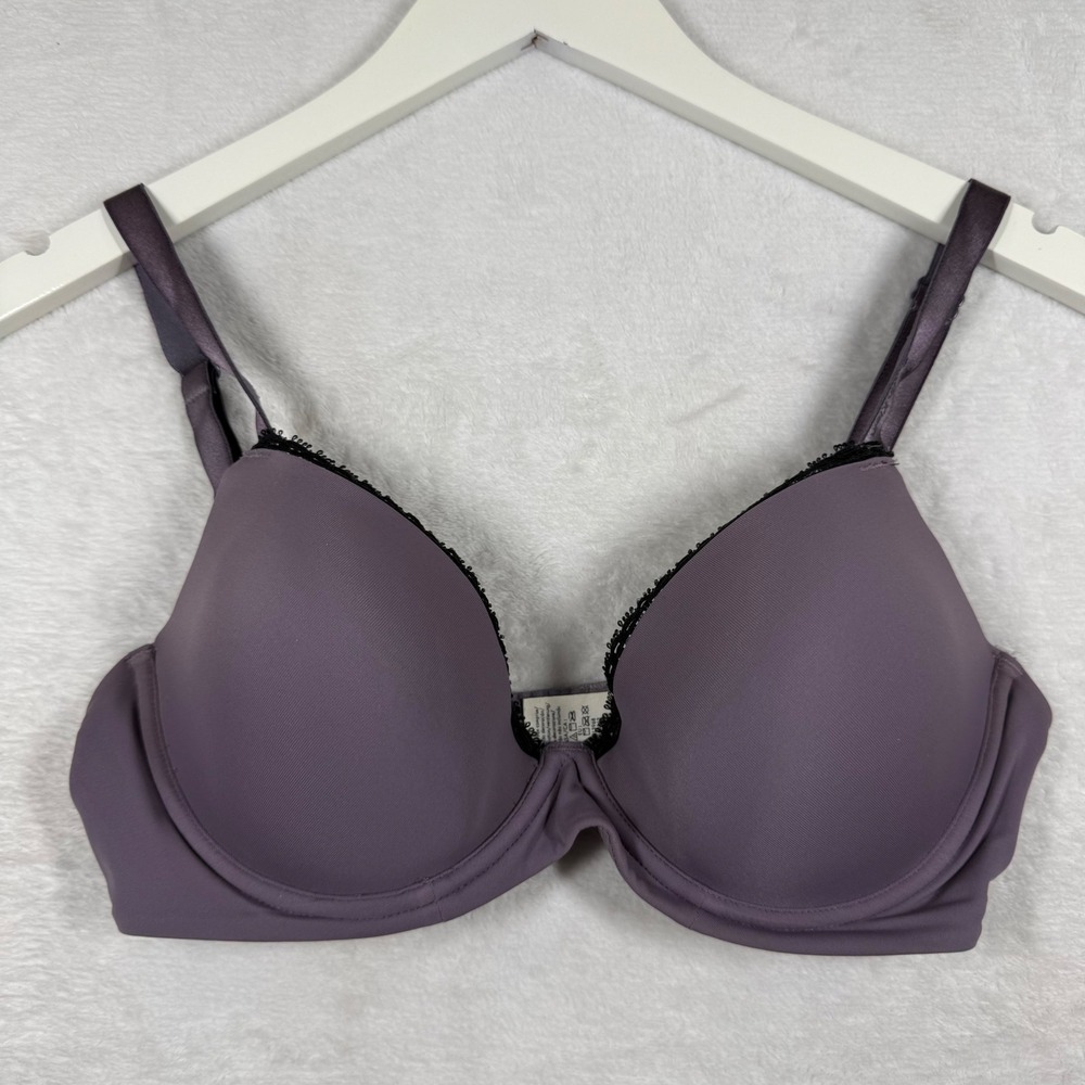 Calvin Klein 34D Purple Push Up Plunge Bra Lace Trim F3182 Mauve Underwire